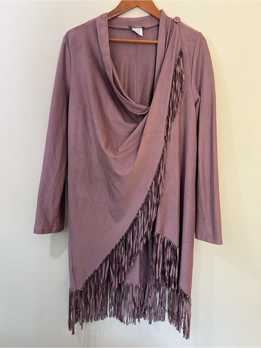 Soft Boho Fringe Shawl Wrap Cardigan Dusty Pink Purple Cowl Neck Sweater size L